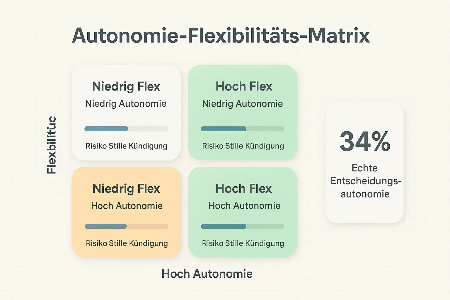 Die Autonomie‑Flexibilitäts‑Matrix macht sichtbar, wie Time/Location/Method-Flexibilität Risiko und Bindung beeinflusst — schnell vergleichbar für Führungskräfte.