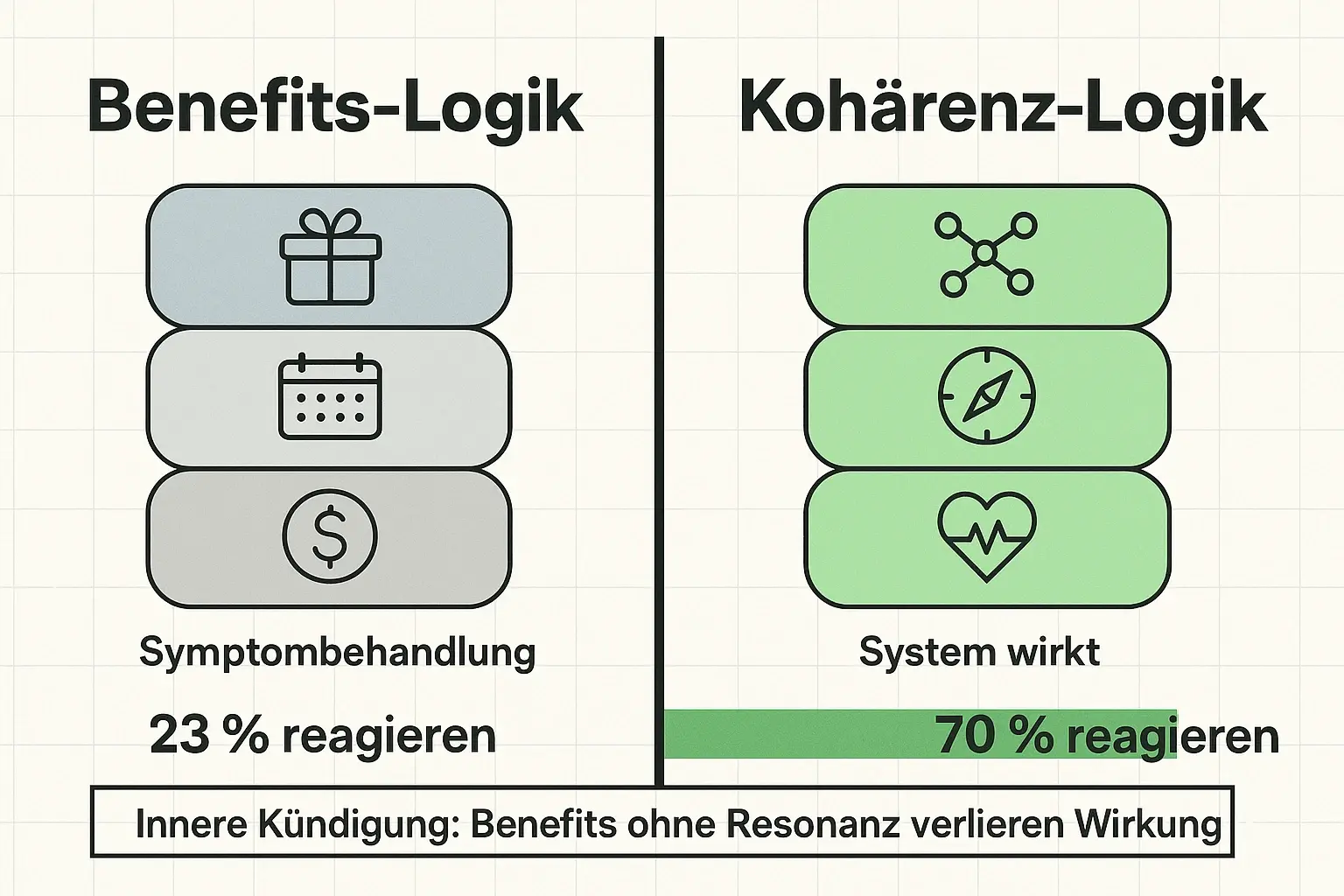Benefits wirken in inkohärenten Systemen kaum. Die Gegenüberstellung macht sichtbar, warum Kohärenz die Reaktionsrate auf Maßnahmen massiv erhöht und Employer Branding von innen stärkt.