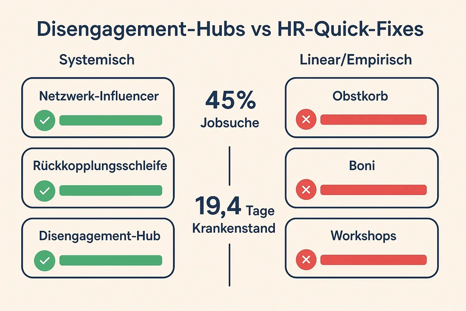Vergleicht systemische Interventionen mit gängigen HR-Maßnahmen, zeigt klar, wo Quick-Fixes wirkungslos bleiben und warum Netzwerk-Ansätze tiefer greifen.
