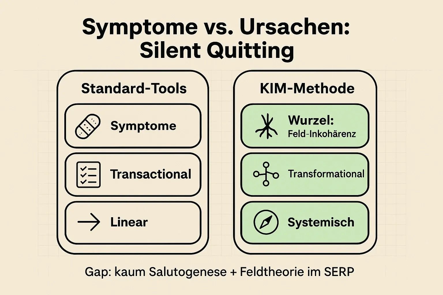 Ein schneller Entscheidungsrahmen: KIM verschiebt Mitarbeiterbindung von „Tipps & Benefits“ hin zu systemischer Ursachenarbeit und macht Rückzugstendenzen methodisch bearbeitbar.