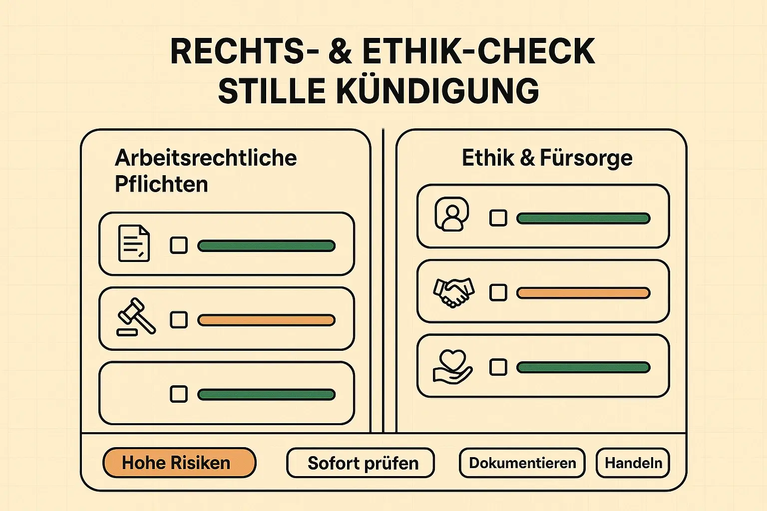 Vergleicht rechtliche Pflichten mit ethischer Verantwortung: Sie sehen auf einen Blick, wo Compliance-Lücken drohen und welche Führungsmaßnahmen sofort priorisiert werden sollten.