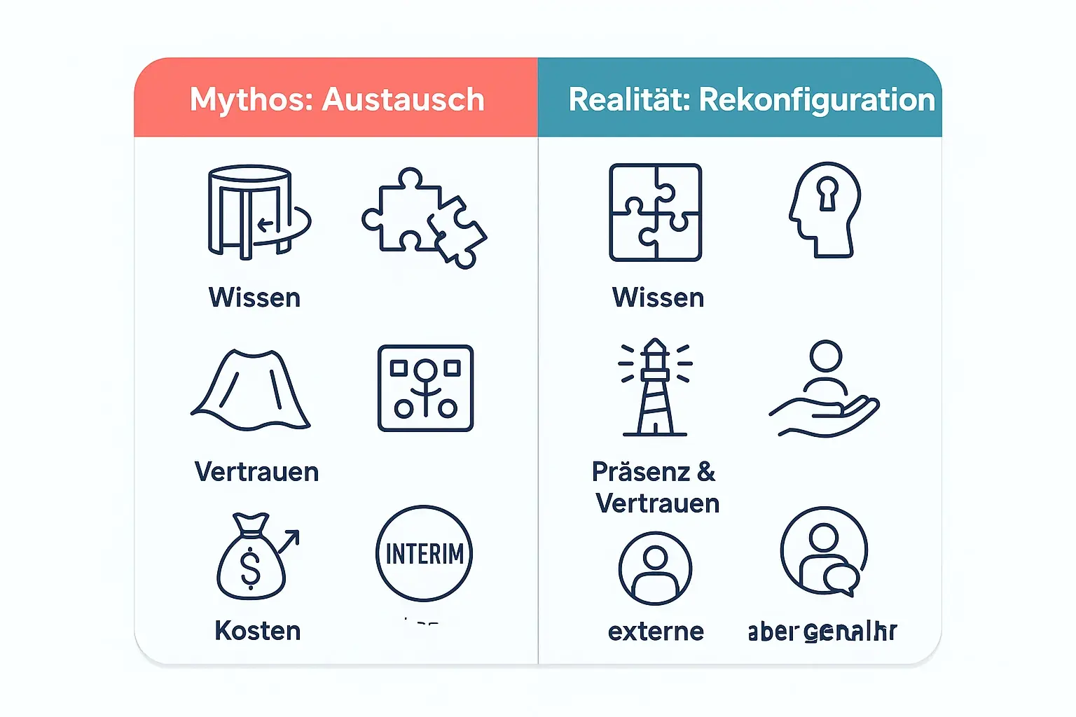 Der Vergleich trennt Mythos von Realität: Austausch und heroische Kontrolle kosten oft Wissen und Vertrauen. Rekonfiguration setzt auf Präsenz, klare Rollen und gezielte Unterstützung ohne Abhängigkeit.