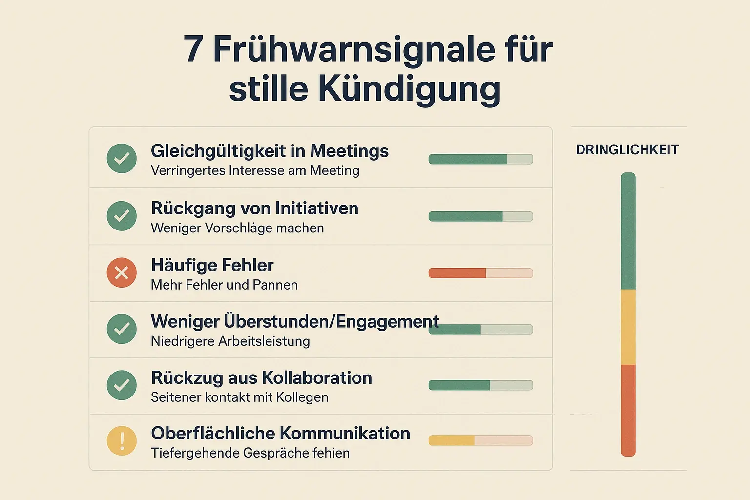 Schnell‑scanbare Checklist: sieben konkrete Warnsignale, die Führungskräfte frühzeitig erkennen und adressieren sollten.